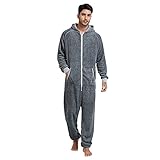 Nachtwäsche Herren Warm Fleece Overall Pyjama Langarm Einteiler Hoodies Schlafanzug Einteiler Winter Thermo Homewear Schlafoverall Jumpsuit Onesie mit Kapuze Hausanzug Jumpsuit Stramp