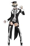 Damen Voodoo Priesterin Fantasy Kostüm Skelett Verkleidung aus Frack, Body, Zylinder und Strümpfe Zepter in weiß schwarz Totenkopf Knochen L