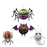 yumcute Hängende Halloween-Papierlaternendekorationen, 4 Stück Faltbare Papierlaternen Geister, Fledermäuse, Spinnen und Blumenspinnen Papierlaternen-Anhänger für Halloween-Party-Dek