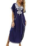 Orshoy Damen Kaftan Langes Kleid Strandkleid Pareos Bikini Cover ups Boho Kimono Lang Strand Cardigan Leichte Strickjacke One Size B01 Navy Blau/Weiß