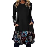 KIMODO Langarmkleid Rundhalsausschnitt Vintage Minikleid Freizeitkleider Damen Strandkleid Ethnic Bohemian Tunika Unregelmäßige Casual Loose Lässiges T-Shirt Länge Kleider mit Taschen (A-Schwarz, M)