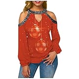 Timitai Damen Lose Weihnachtsdruck Sexy Trägerlose Laterne Langarm Hängendes Hals T-Shirt Nette Tops für F