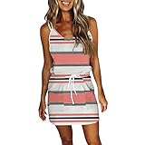 Freizeitkeid Damen Sommerkleid Freizeit Kurzarm Elegant Kurze Kordelzug Blusenkleid Minikleid mit Taschen Party Strandkleider Damen Kleid mit V Ausschnitt Swing Kleid Streifen Loose T S