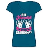 JGA Junggesellenabschied Frauen - SIE heiratet wir Saufen nur - weiß/Fuchsia - XXL - Türkis - Junggesellinnen-Abschied - XO1525 - Damen T-Shirt mit V