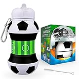 Kinder Fußball Wasserflasche – Einzigartige Fußball Geschenke für Jungen und Mädchen – Coole Kinder Wasserflasche faltbar, auslaufsicher – Jungen Wasserflasche – BPA-frei – 550 ml – Weißer Klappdeck