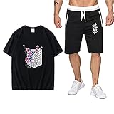 Tomwell Herren A_ttacke On Titan T-Shirt und Kurze Hose Set Ackermann AOT Scouting Legion Aufklärungstrupp Anime Cosplay Tops Sweatpants Trainingsanzug Sportswear Set Schwarz XXL