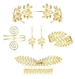 CASSIECA 5 Sets Griechische Göttin Kostüm Schmuck Set Für Damen Römischen Lorbeerblätter Diadem Stirnband Haarkamm Ohrringe Spirale Oberarm Armbänder Gold Hochzeit Braut Schmuck S