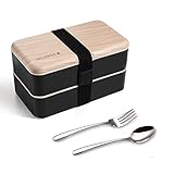 original bento box lunch boxen Lunchbox essensbox bündel teiler japanischer stil mit edelstahl besteck löffel und gabel (Schwarz)