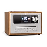 auna Silver Star CD - Cube Internet-Radio, WLAN-Radio mit CD-Player, Micro-Anlage, 21cm Breite, UKW-Tuner, Bluetooth, 10 W RMS, AUX-In, App-Steuerung, Holzoptik, Webradio mit Fernbedienung, b