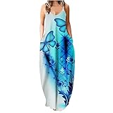 Loose Vest Dress for Women V-Neck Sling Skirt Floral Printed Long Women Dresses with Pocket Ankle Length Dresses Women Dress Party Elegant, Himmelblau B, X-Larg