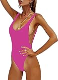 PRETTYGARDEN Women's Simple Low Cut Sides Wide Straps High Legs One-Piece Swimsuit Rose R