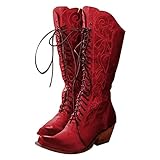 Hotberry Damen Hohe Stiefel Vintage Retro Western Cowboystiefel mit Dicke Absätze Halbhoch Stiefel Herbst Winter Frauen Langschaft Stiefel Schnürstiefel Reitstiefel rutschfest Outdoor M