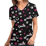 Kasacks Damen Pflege Motiv Einfarbig Kurzarm Gute QualitäT V-Neck Top Valentinstag Herz Lippen Druck V-Ausschnitt Mock Wrap Scrub Unisex Top Sommer LäSsig Sommer Arbeitsuniform Bluse T-Shirt U