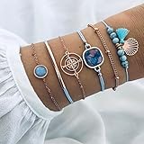 Simsly 6er Pack Boho Layered Armbänder Set Perlen Armbänder mit Quaste Türkis Gold Handkette Schmuck Zubehör für Damen und Mädchen (Bule)