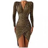 HUIHF 50Er Jahre Kleider Damen Frauen Glitzer Minikleid Tiefer V-Ausschnitt Langarm Unregelmäßiger Saum Kleid Bankettkleid Figurbetont Abendkleid Cocktailkleider Partykleid Grü