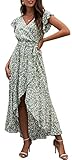 GRECERELLE Damen Sommerkleid Maxikleid Boho Floral Cocktail Midi Polka Dot Wickelkleider V-Ausschnitt Casual Party Bohemian Flowy Langes Kleid für Damen, 29 FP Lilien-Grün, XX-Larg