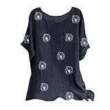 Andouy Damen Modisch Bedrucktes T-Shirt Lässige Lose O-Ausschnitt Kurzarm Tops Bluse Übergröße(3XL.Marine-1)