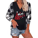 Sisifa Damen Casual Karierte Hooded Sweatshirt Weihnachtsdruck Langarm Kordelzug Pullover Tops Grafik Hoodie Für F