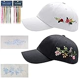 Homiton 2 Stück Stickerei-Baseballkappen-Kits für Anfänger, verstellbare handgefertigte Blumen bestickte Hüte mit Werkzeugen, schwarz, weiß, M