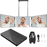 360 Grad Spiegel mit Licht,3 Wege Spiegel Dreifarbiges Dimmen Led Rasierspiegel, Kosmetikspiegel, Fitness Spiegelbarber Einem Höhenverstellbaren Teleskophaken Self-Styling für Männer und F