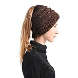 Yaogroo Damen Mädchen BeanieTail Gestrickt verdicken Hut Mit Zöpfen Loch Loop Strickschal Strickmütze Wintermütze (Kaffee)