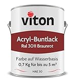 Buntlack von Viton - 0,7 kg Schwedenrot - Seidenmatt - Wetterfest für Außen und Innen - 2in1 Grundierung & Lack - HAE 30 - Farbe auf Wasserbasis für Holz, Metall & Stein - RAL 3011 B