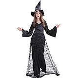 VOSAREA Halloween Hexe Kostüme Kleid mit Hut Spider Web Hexe Kleidung Stilvolle Rock für Maskerade Party Vampire Hexe Gespenst Braut Cosplay (163-168Cm)