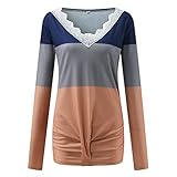 Pullover Tops Frauen Solide Spitze Splice Langarm V-Ausschnitt Tunika Falten Knoten Hemdbluse (M,1marine)