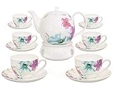 Buchensee Kaffeeservice aus Fine Bone China Porzellan. Tee- / Kaffeekanne 1,5l mit stilvollem Blumendekor, 6 Kaffeetassen, 6 Unterteller und Stö