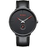 BUREI Männer Frauen Uhren Minimalist Ultra Thin Black Dial Analoge Quarz-Armbanduhren Rot-Zeiger mit schwarzem Lederb