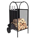 QiHaoHeji Kaminholzregal Metall-Brennholz-Log-Trolley-Warenkorbspeicher mit Rädern Kindling- und Begleit-Toolset (Farbe : Black, Size : 35x35x80cm)