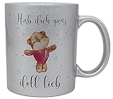 vanVerden Glitzer Tasse mit Spruch - Hab dich ganz doll lieb - Teddy mit Herz - beidseitig Bedruckt - Geschenk Idee Kaffeetasse, Tassenfarbe:Glitzer Silb