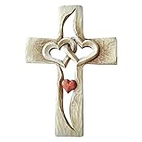 Fauean geschnitztes Holzkreuz - ineinander verschlungene Herzen, hölzernes Liebeskreuz, Wandbehang handgeschnitztes Holzkreuz für Home Living Room Decor (A, A)