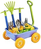 deAO Nachzieh Kinder Wagon Schubkarre und Gartengeräte Spielset 10 Zubehör und 4 Blumentöp