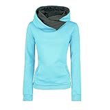 VECDY Damen Pullover,Räumungsverkauf- Herbst Frauen Langarm Hoodie Sweatshirt Pullover mit Kapuze Baumwollmantel Pullover Lässige hohe Kragen warmen Pullover Hoodie(Blau,40)