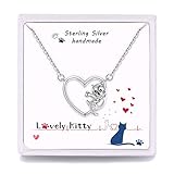 Qings Katzenanhänge Herz Damen Silberkette - Katzen Halskette Sterling Silber, Tiere Filigrane Kette Kätzchen Anhänger Halsketten Zu Weihnachten Geschenk Valentinstag Jubiläum Jub