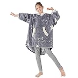 Winthome Übergroße Hoodie Decke, Flanell Sweatshirt Decke, Kuschelpullover Für Kinder Junge Mädchen (Sterne, One Size)