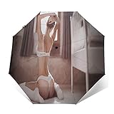 TISAGUER Regenschirm Taschenschirm，Sexy Frau,die weiße Spitzen Dessous im Zimmer trägt，Auf Zu Automatik，windsicher，stab