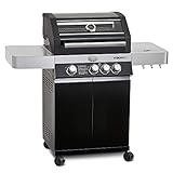 RÖSLE Gasgrill BBQ-Station Videro G3 Schwarz, Grill mit 3 Haupt- und 1 Seitenbrenner, Deckel mit Glaseinsatz & Thermometer, beleuchtete Drehknöpfe, pulverbeschichteter Stahl schwarz, Version 2021