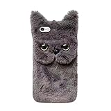 EUWLY Plüsch Hülle Kompatibel mit iPhone 6/6S Plus,3D Karikatur Katzen Handyhülle Winter Warme Flauschige Tier Schutzhülle Case,Stoßfest TPU Stoßfänger Rückseite Telefonhülle für Mädchen D
