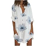 IFOUNDYOU Bluse Damen Lang Elegant Blusenkleid V-Ausschnitt Patchwork Tunika 3/4 Ärmel Revers Große Größen Langarmshirt Blumen Drucken Casual Lose Hemdbluse Longshirt Damen mit Knop