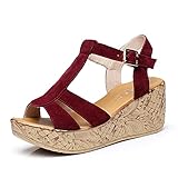Damen Keilsandalen, verstellbare Schnalle, Knöchelriemen, Strandmode, Espadrille, Plateau, Peep-Toe-Schuh, Rot 1, 38 EU