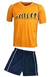 Coole-Fun-T-Shirts TRIKOTSET mit DEINEM Namen + Nummer ! Fussball Evolution Kinder Trikot + Hose orange-schwarz, Kids 110-116