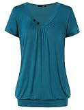 DJT Damen Basic V-Ausschnitt Kurzarm T-Shirt Falten Tops mit Knopf Blaugrün XL