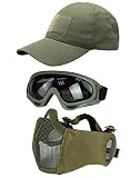 Hodeacc 3 Stück taktische Airsoft-Maske, Schutzbrille, Baseballkappen-Set, verstellbare Halbgesichtsmaske mit Ohrenschutz, Airsoft-Brille, Augenschutz, Outdoor-Hut für Airsoft/BB/CS Sp