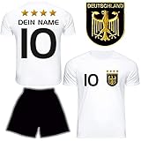 DE FANSHOP Deutschland Trikot mit Hose & GRATIS Wunschname Nummer Wappen Typ #D 2021 im EM/WM Weiss - Geschenke für Kinder, Jungen, Baby, Fußball T-Shirt p