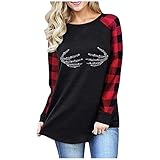 Damen Kariertes Oberteil Rundhalsausschnitt Longsleeve Tshirt Langarm Pullover Basic Tops mit glänzendem Printmuster Basic Oberteile T Shirt Elegant Damenbluse Loses Langes Hemd Lässig