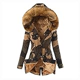 Wintermantel Mit Fellkapuze Damen Langarm Übergangsjacke Große Größe Camouflage Mantel Winter Warm Dicker Gefüttert Lang Übergangsmantel Leichte Winddicht Atmungsaktiv Longjacke Parka Winterjack