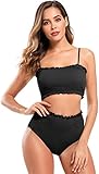 SHEKINI Damen Bandeau Bikini Set Elastisch Shirring Bikinioberteil Zweiteiliger Badeanzug High Waist Ruched Bauchweg Bikinihose Bademode Strandbikini (Small, Schwarz)