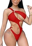 GOBLES Damen-Badeanzug, sexy, ärmellos, mit Riemen, Knoten, rückenfrei, ausgeschnitten, verstellbar, rot, Larg